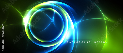 Bright neon circles, lines radiate from center. Dark background contrasts vibrant green, blue hues. Modern design element.