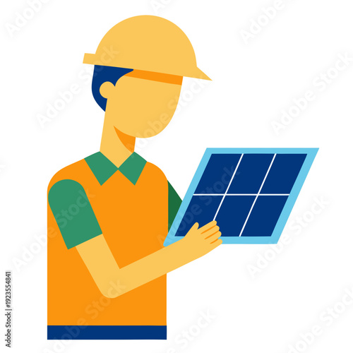 Illustration of a Worker in Hard Hat Holding a Solar Panel for Renewable Power