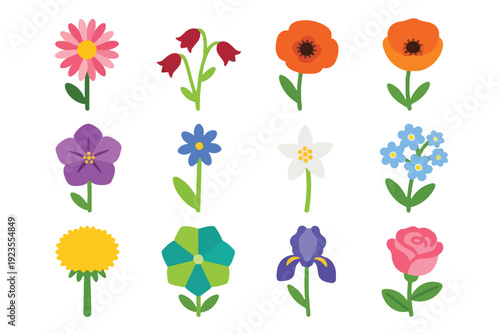 Collection of twelve colorful cartoon flowers on white background daisy poppy tulip