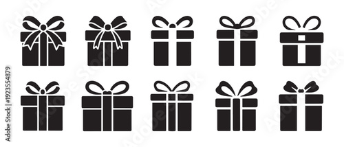 Collection of Black Gift Boxes with Ribbons and Bows Icon Set. Simple Flat Silhouette for Celebration and Surprise.