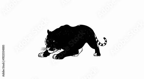 A black panther crouches low with striking eyes and striped tail