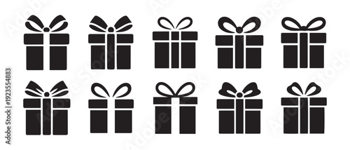 Black Silhouette Gift Box Icons Collection. with Bows. Perfect Set for Presents, Holidays, and Celebration Events..