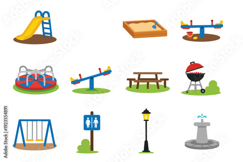 Playground equipment picnic table barbecue grill lamp and fountain slide sandbox