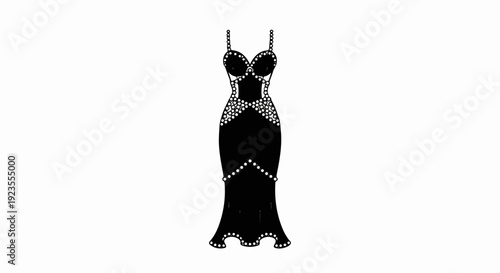 A black, floor-length evening gown with sparkling embellishments and thin straps