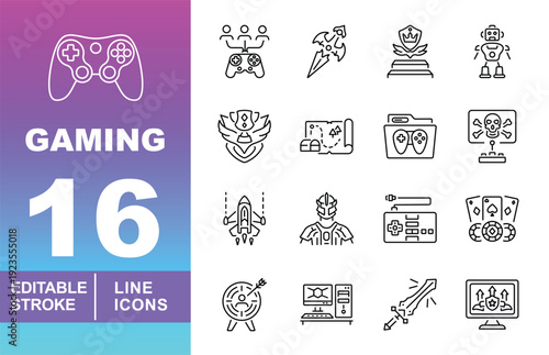 Sci-Fi Gaming & Combat Icons. Editable stroke icons for game assets. Featuring war robots, spaceships, tactical helmets, and sword symbols for mobile gaming and RPG UI.