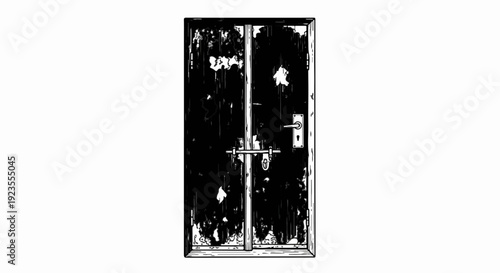 A black double door with peeling paint and metal hardware