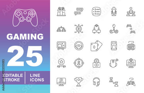 Esports Community & Strategy Icons. Editable stroke icons for team gaming. Featuring pro players, clan brackets, strategy puzzles, and trophy symbols for mobile and web UI.