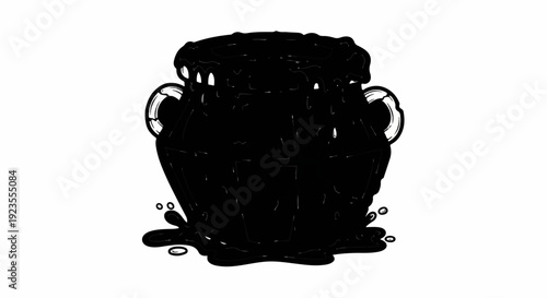 A black cauldron overflowing with a viscous liquid and dripping