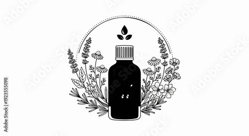 A black bottle with a white cap surrounded by flowers and leaves