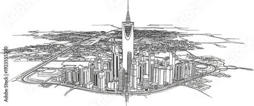 A black and white sketch of a sprawling cityscape with towering skyscrapers and intricate roads