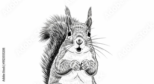 A black and white sketch of a surprised squirrel with wide eyes and mouth open