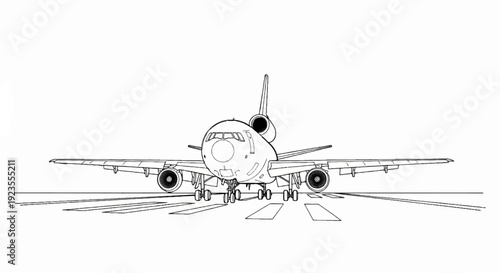 A black and white sketch of a wide-body jetliner on a runway