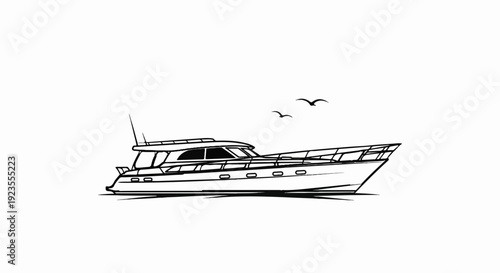 A black and white sketch of a motor yacht sailing on water with two birds flying