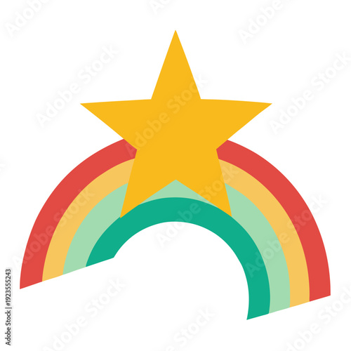 Golden Star Hovering Above a Whimsical Retro Rainbow Arch for Hope and Happiness