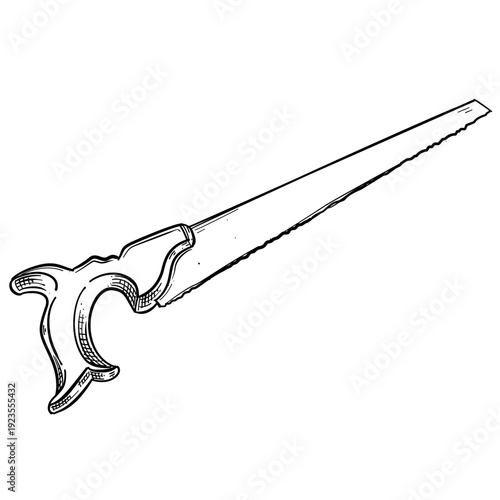 traditional hand saw wood cutting vector line art hand drawn illustration