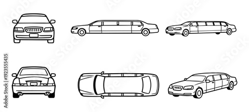 Classic Stretch Limousine Multiple View Outline Vector Set Isolated on White Background
