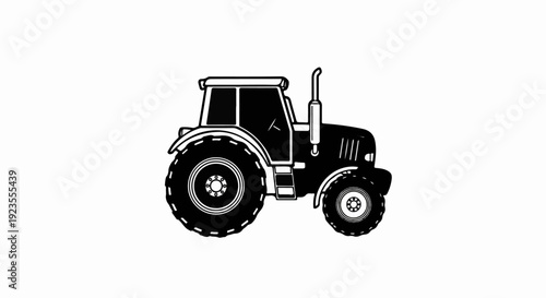 A black and white silhouette of a farm tractor on a white background