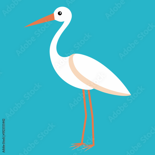 Elegant Flat Design Illustration of a White Egret or Heron Bird Standing on Blue