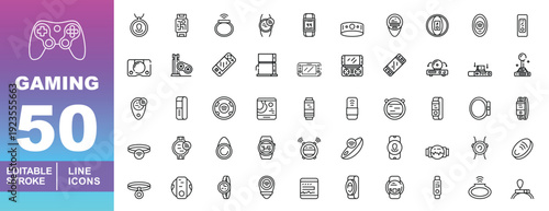 Smartwatch & Wearable Gaming Icons. Editable stroke icons for tech tracking. Featuring fitness trackers, smart rings, GPS watches, and bio-sensors for mobile health and game UI design.