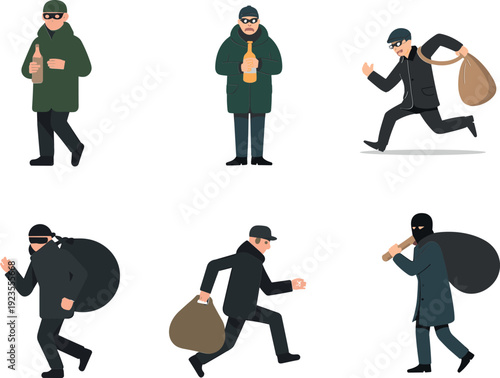 Cartoon burglar character set, thief running with money bag and masked criminal actions isolated vector illustration