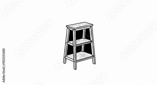 A black and white line drawing of a wooden step stool with two shelves