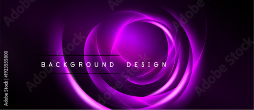 Abstract purple swirls create dynamic circular design over black background. Text reads background design. Modern, elegant visual.