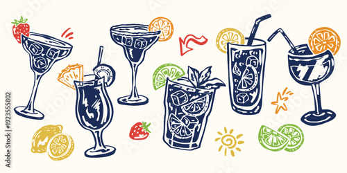 Hand-drawn whimsical vector doodle set of beach cocktails: mojito, Aperol spritz, margarita, piña colada, daiquiri. Fun, playful illustrations perfect for summer prints and packaging