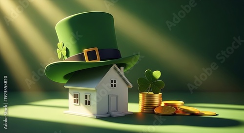 Leprechaun hat on a white house with clover and gold coins. St. Patricks Day celebration of luck, wealth, and real estate concept.