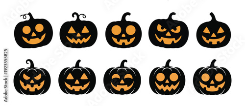 Diverse Halloween Jack-o'-Lantern Pumpkins Vector Set. with Spooky and Friendly Glowing Faces.