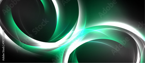 Abstract swirls, luminous green, white lines create dynamic flow. Dark background emphasizes bright curves, modern design element.