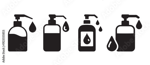 Black Silhouette Pump Dispenser Bottles with Falling Drops Icon Set for Liquid Soap and Hand Sanitizer Hygiene Products.