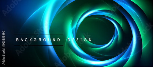 Abstract swirling lights create dynamic circular pattern. Vivid blues, greens, cyan dominate dark background. Modern design element.