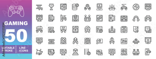 Ultimate Gaming & Esports Icon Set. Editable stroke icons for game dev. Featuring VR headsets, consoles, streaming gear, trophies, and fantasy weapons for mobile UI and web.
