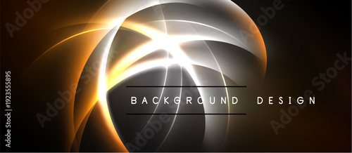 Abstract design features glowing curves, bright center. Dark background enhances visual impact, modern aesthetic. Simple text overlay present.