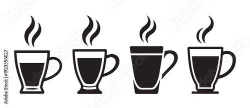 Set of Steaming Hot Coffee or Tea Mugs Vector Icons. Collection with Rising Steam on White Background.