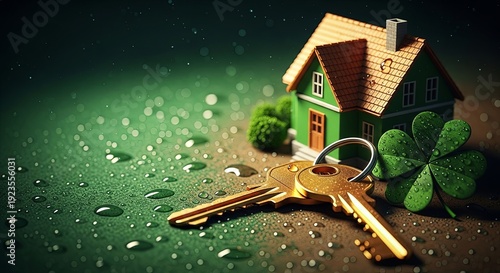 Golden house keys with four leaf clover and green house model. St. Patricks Day real estate luck and property dream concept.