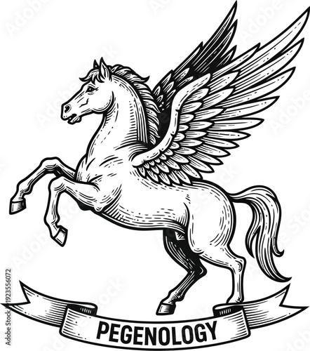 Vintage black and white woodcut style illustration of a rearing winged horse displaying the word pegenology on a banner below its hooves