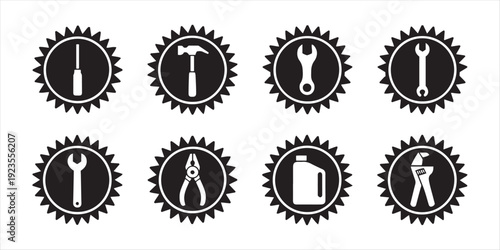 Repair and Maintenance Tools Icons Set. with Cogwheel Frames for Workshop Services.