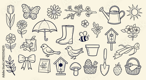 A charming collection of hand-drawn illustrations depicting various elements associated with spring and gardening, including flowers, birds, insects, and tools.