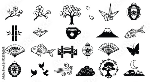 A collection of Japanese cultural icons and symbols, including cherry blossoms, Mount Fuji, koi fish, origami cranes, and traditional lanterns.