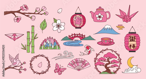 A charming collection of traditional Japanese cultural icons and natural elements, rendered in a delightful pink and pastel color palette on a soft pink background.