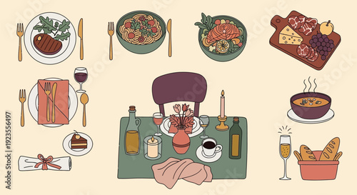 A charming illustration of a formal dinner setting with various dishes, wine, and a centerpiece, evoking a sense of elegant dining and culinary delight.