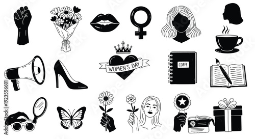 A collection of black and white hand-drawn icons representing women's empowerment, celebration, and daily life.