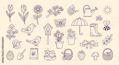 A charming collection of hand-drawn spring-themed icons, featuring flowers, birds, insects, and garden tools, perfect for seasonal designs.