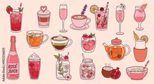 A delightful collection of pink and rose-colored beverages, including cocktails, teas, and juices, garnished with fruits and flowers, presented in various glasses and teapots.