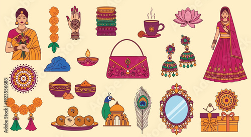 Vibrant collection of Indian cultural elements and wedding symbols, including traditional attire, decorative items, and festive symbols.
