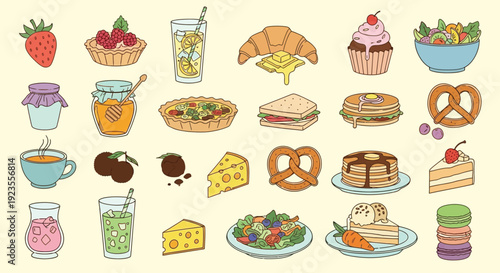 A delightful assortment of sweet and savory food items, including pastries, fruits, drinks, and desserts, arranged in a grid.