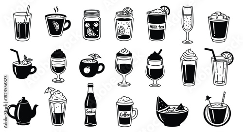 A collection of diverse hand-drawn beverage illustrations, featuring various drinks in different glasses and cups.