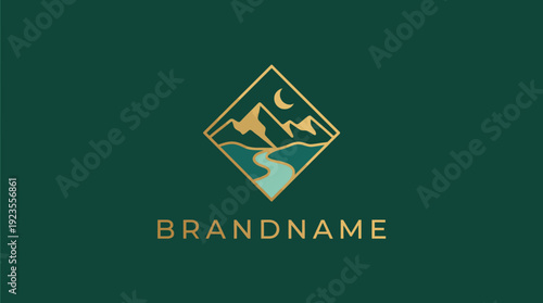 This logo combines mountains and a river, evoking feelings of adventure and natural beauty, ideal for travel and outdoor brands looking to connect with nature.
