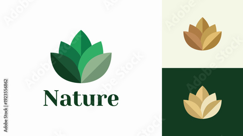 This image displays a sleek nature logo design that symbolizes growth, harmony, and sustainability, using an elegant shape and color scheme suitable for environmental brands.